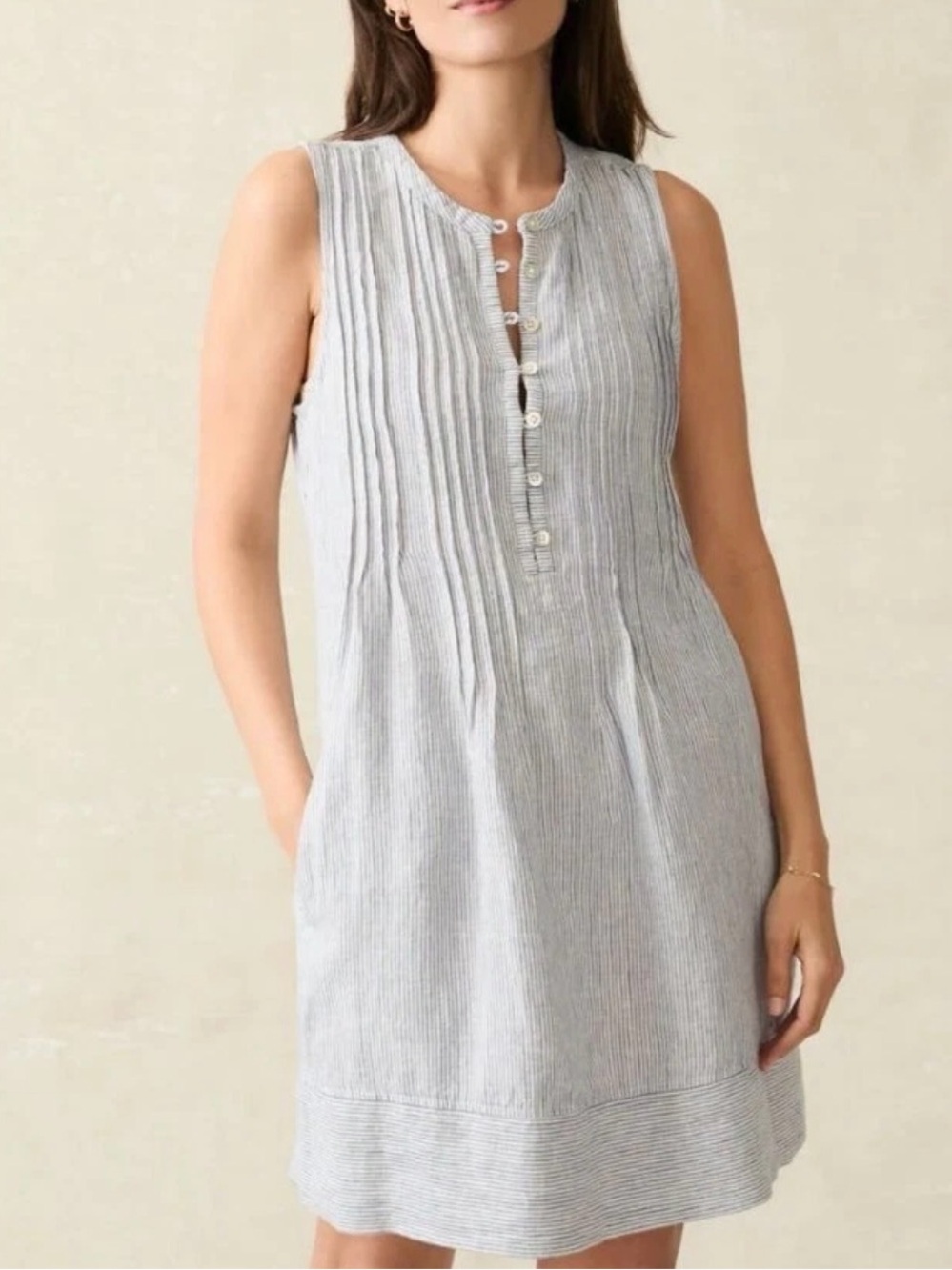 Faherty Isha 100% Linen Striped Sleeveless Dress Blue Pockets Beachy Women’s M